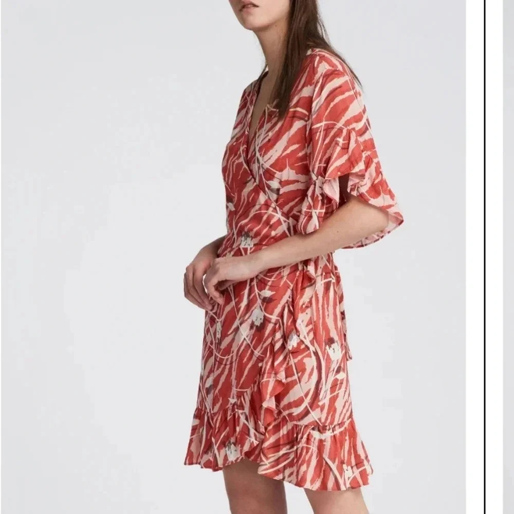 All Saints Marlow Kazuna Wrap Dress Japanese Print Ruffle Trim Waist Tie Belt 6
